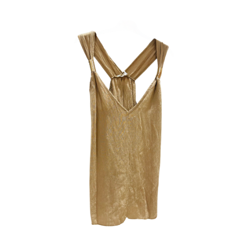 Detail van de rug van de Goddess Iris Top  luchtige viscose stof met gouden accenten